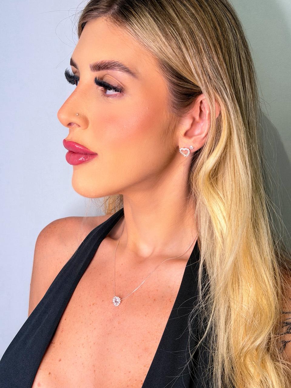 Conjunto Coração Cravejado Prata 925